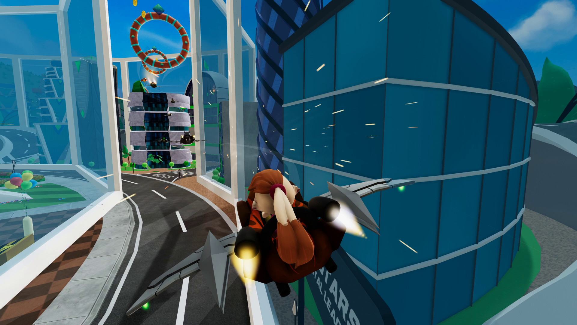 Chasers: Dash & Bash character jetpacking through a futuristic city course