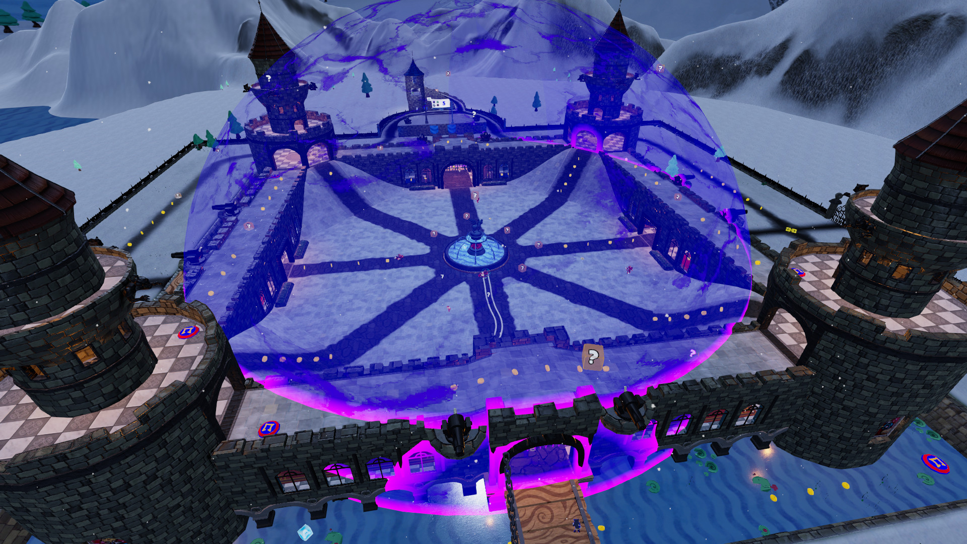 A colorful multiplayer game running in a snowy castle arena